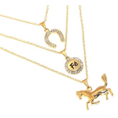 Imagem de Colar Cordão Triplo Country Fé Ferradura Cavalo Folheado 18k