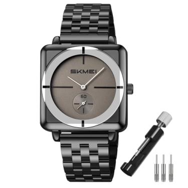 Imagem de SKMEI Relógios quadrados para homens, simples, negócios, aço inoxidável, moderno, analógico, quartzo, presente para pais, pai, dourado, preto, G2413preto, cinza