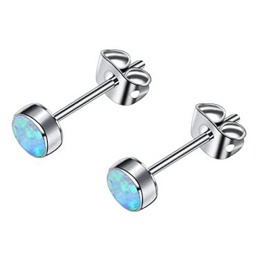 Imagem de Brincos de pino opala para mulheres, brincos minúsculas hipoalergênicos de titânio F136 com pedra de nascimento redonda para orelhas sensíveis, joias de moda feminina com caixa de marca evita perda (2 peças), 7MM, Titânio, Opala Zircônia azul Opala preta