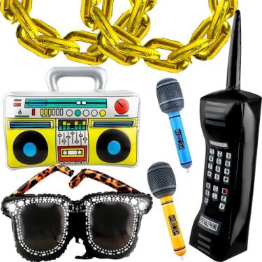 Imagem de Cagemoga 15 Peças Infláveis De Decoração Dos Anos 80 E 90, Incluindo Rádio, Boombox, Celular, Microfone, Óculos, Balões Corrente Folha Ouro Para Festa Hip Hop