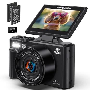 Imagem de Câmera digital, câmera de 75 megapixels, vídeo de 5k, zoom digital de 18x, tela giratória de 180 graus, foco automático, cartão SD de 32G, duas baterias,câmera compacta,vlog