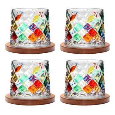 Imagem de Copo giratório antiquado, conjunto de 4 copos de uísque de cristal de 275 ml/283.5 g, porta-copos de madeira, espessamento, usado como copo de rum, copo de coquetel, xícara de café, copo de leite para