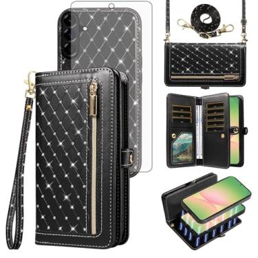 Imagem de Capa de celular para Samsung Galaxy A56 5G carteira com zíper destacável capa magnética com protetor de tela alça transversal alça brilhante glitter flip porta-cartão de crédito slots A 56 56A LTE