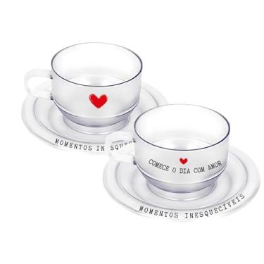 Imagem de Kit 2 Canecas De Acrílico Fosca + Pires Personalizada Comece o Dia Com Amor 280ml Cantinho Do Café