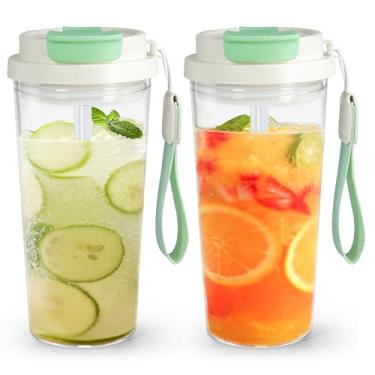 Imagem de Copo transparente de 590 ml com tampa e canudo, 2 peças de copo de café de plástico, copo de acrílico para café, refrigerante, chá, leite, suco, presente, verde