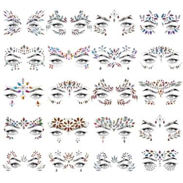 Imagem de Allruyee 20 conjuntos de joias faciais, pedras de rosto, sereia, glitter, strass, cristal, adesivos, impermeáveis, tatuagens temporárias para festas, raves, carnaval, fantasias de férias, acessórios