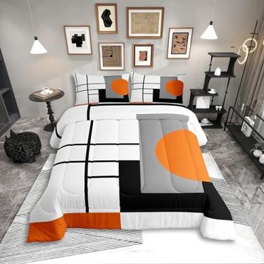 Imagem de Erosebridal Conjunto de edredom Queen listrado branco, preto, laranja, para adultos, mulheres, homens, boêmio, geométrico, abstrato, geométrico, geométrico, linhas, minimalista, quadrado e círculo