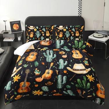 Imagem de XYNHML Conjunto de cama com 3 peças de chapéus de cowboy ocidental, guitarra musical, flores de cacto selvagem, para crianças, adolescentes, meninas, adultos, natureza, botânica, floral, colcha para
