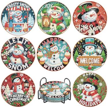 Imagem de 8 peças de kits de porta-copos de arte de diamante de Natal com suporte, kits de porta-copos de pintura de diamante de boneco de neve para adultos, Light House DIY 5D pontos de diamante pequeno, mini