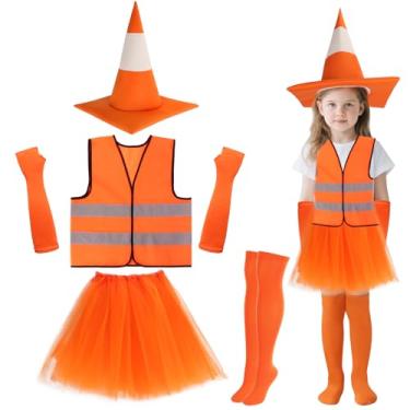 Imagem de Kyson Fantasia de cone de trânsito, 5 peças, laranja, branco, cone de estrada, colete de segurança, colete de segurança, meias tutu para dia da carreira de Halloween, Conjunto um, Tamanho Único
