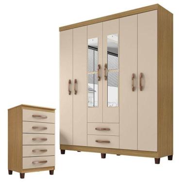 Imagem de Guarda Roupa Casal Modena Com Espelho 6 Portas E Cômoda Cannes 5 Gavetas Carvalho Americano Off White - Incorplac