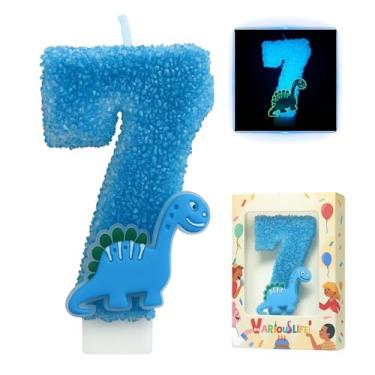 Imagem de Vela de aniversário de dinossauro número 7 que brilha no escuro – Vela grande de bolo com glitter azul de 8 cm para meninos, festa de dinossauro de 7º aniversário