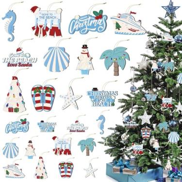 Imagem de Ornamentos de Natal conchas do oceano e elementos animais marinhos chinelos de madeira decoração de árvore de natal casa de fazenda de madeira artesanato pendurado (24 peças)