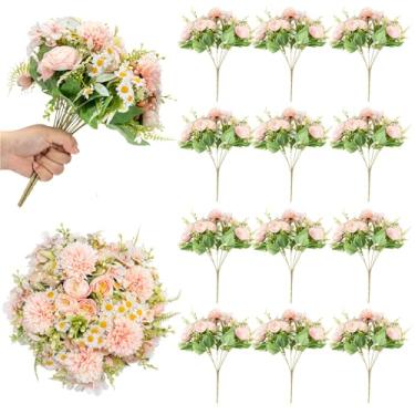 Imagem de KRFOONN 12 pacotes de flores artificiais, rosas rosas, mistas, plantas falsas, hortênsias, girassóis, flores de seda, buquês de rosas falsas para festa de casamento, decoração de casa