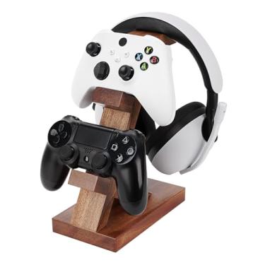 Imagem de Geekria Suporte duplo de madeira maciça para gamepad e fone de ouvido, suporte de armazenamento de controle para PS4, PS5, Xbox, Switch, 8BitDo, acessórios universais de jogos de mesa