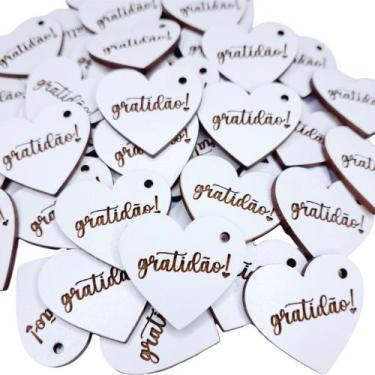 Imagem de 100 Apliques Coração Tag 3x3 Mdf Branco Gratidão - CHCR Criações Laser