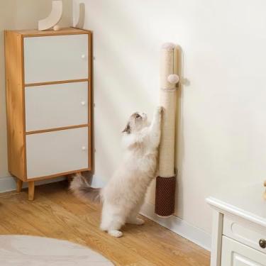 Imagem de Arranhador de gato extra alto de 86 cm – Poste vertical para arranhar corda de sisal para gatos grandes, escalador de parede para gatos que economiza espaço, escova de limpeza automática e bola para