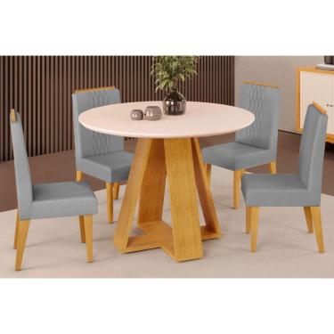 Imagem de Sala de Jantar Completa Celeste Tampo Madeirado c/ Vidro Redondo 103x103cm e 4 Cadeiras Lia Cedro/Off White - Suede Lunar - DJ Móveis