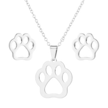 Imagem de Colar de brincos femininos com estampa de pata de gato fofo - Aço inoxidável oco filhote de cachorro gatinho animal de estimação ajustável corrente corrente pingente colares cartilagem brincos brinco