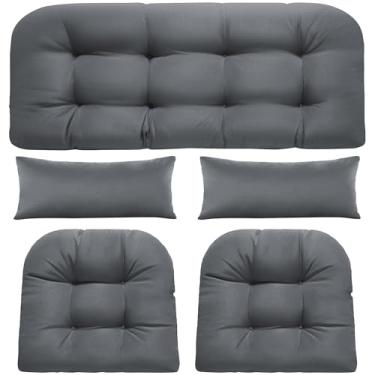 Imagem de PITCTCHIC Almofadas de vime para cadeira de 5 peças, almofada de sofá impermeável para móveis de vime, 1 almofada de assento de amor, 2 almofadas em forma de U e 2 almofadas lombares para móveis de