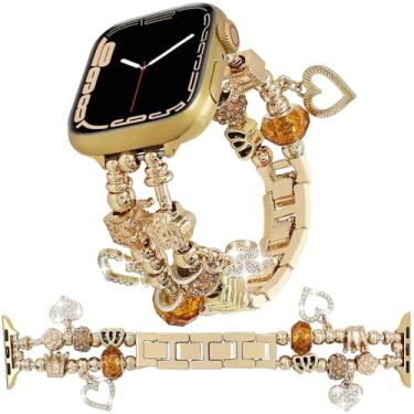 Imagem de Pulseiras femininas de relógio douradas compatíveis com Apple Watch séries 10/9/8/7/6/5/4/3/2/1/SE de 42 mm, 44 mm, 45 mm, 46 mm, 49 mm, 49 mm, 49 mm, 46 mm, 49 mm, 46 mm (série 10))