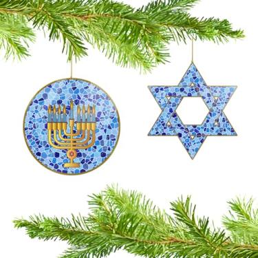 Imagem de Pacote com 2 enfeites de Hanukkah, estrela de Davi e menorá enfeite de acrílico para pendurar para decoração de árvore de Hanukkah Rosh Hashaná Shana Tova decoração de festa, azul claro