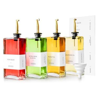 Imagem de sweet grain Garrafa dispensadora de azeite de oliva (pacote com 4) – Dispensador de óleo de 500 ml para cozinha com 36 etiquetas e funil de silicone, dispensador de xarope de vidro para óleo e vinagre