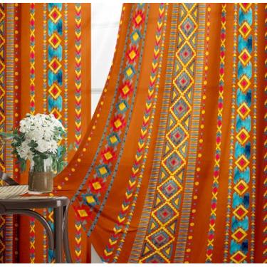 Imagem de Cortinas de terracota 203 cm de comprimento, boêmio, para sala de estar, 2 painéis, filtro de luz laranja queimado, vintage, geometria, cortinas de janela para quarto