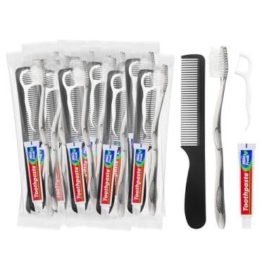 Imagem de LLHQAMT Escovas de dentes de viagem com pasta de dente, escovas de dentes descartáveis, kits de higiene a granel com palhetas de fio dental, pentes, embaladas individualmente, adequadas para casa