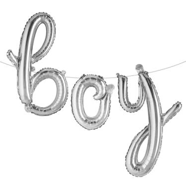 Imagem de Letras de banner de balão de 40,6 cm para meninos ou meninas | Balões reveladores de gênero, decorações de revelação de gênero | Decorações de chá de bebê (L menino prata)