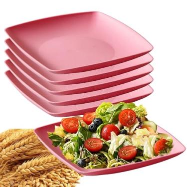 Imagem de Conjunto de 6 peças de pratos quadrados de palha de trigo inquebrável, prato de jantar profundo leve, conjunto de pratos laterais de salada para casa e cozinha, reutilizável (rosa, 25,4 cm)