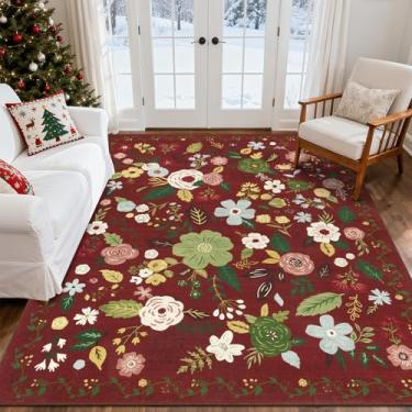 Imagem de U'Artlines Tapete lavável 20 x 25 cm, tapetes florais grandes para sala de estar, antiderrapante, antiderrapante, floral, vintage, tapete vermelho para quarto, sala de jantar, sala de aula, casa de