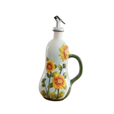 Imagem de Fenteer Dispensador de azeite de oliva de cerâmica, garrafa decorativa para condimentos líquidos com rolha de borracha, 600ml/20oz, galheteiro para churrasco, Girassol