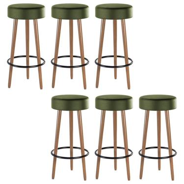 Imagem de Kit 06 Banquetas Cozinha Londres Estofada D-33 com Pés de Madeira Couríssimo Verde - Desk Design