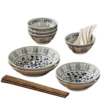 Imagem de Pratos coloridos de cerâmica azul e branco Fuzi sob o vidrado requintados utensílios de mesa personalizados para uso doméstico - (5 tigelas) conjunto de 16 para 4 pessoas.