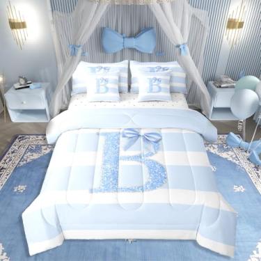 Imagem de Erosebridal Conjunto de lençol Queen com estampa de monograma, letra B, com laço azul, listras, para meninas, mulheres, adolescentes, princesa, lençol com laço azul