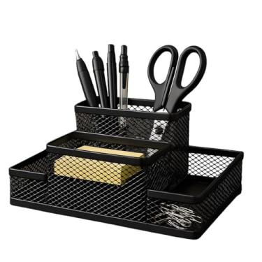 Imagem de Porta Caneta Organizador de Mesa Metal Aramado Escritório Compartimentos Divisões Telado Caneta Lápis Porta Papel Clips Estojo Multiuso Home Office Vertical (Preto, 4 Compartimentos)