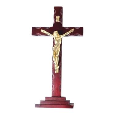 Imagem de MotiveTech Crucifixo de parede de madeira, ornamento de cruz, estatueta sagrada, arte católica, cruz de madeira, decoração de parede, pingente para entrada de, Jesus Dourado 34x17.5cm