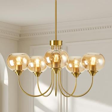 Imagem de FEAZAC Lustre de globo moderno de meados do século 5 lâmpadas de vidro âmbar vintage Sputnik lustres pendentes de ouro luminárias para sala de jantar cozinha sala de estar quarto