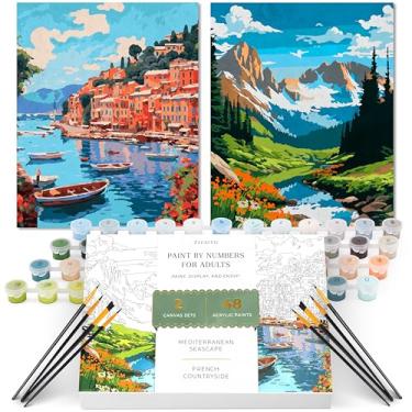 Imagem de Lindo kit de pintura por números para adultos - Conjunto de pintura relaxante e amigável para iniciantes com 2 telas, pincéis premium e cores acrílicas vibrantes - Presente perfeito para mulheres