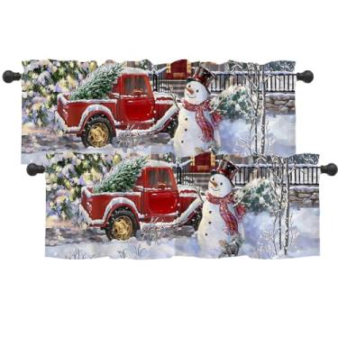 Imagem de Conjunto de 2 cortinas de enfeite de janela de boneco de neve de Natal para cozinha, banheiro, quarto, cortina curta com bolso de varão azul, 137 x 45 cm, azul e branco