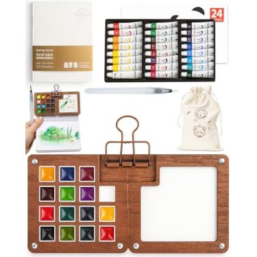 Imagem de Pocket Artist Conjunto de viagem em aquarela para viagem, paleta de tinta de madeira de 24 cores, kit de viagem, mini paleta de tinta aquarela portátil com clipe para artistas, pintores, estudantes