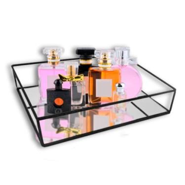 Imagem de Bandeja Preta Decorativa C/Detalhe Espelhado Multiuso Retangular Decoração Banheiro Sala Quarto