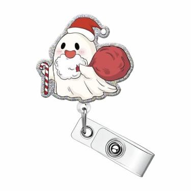 Imagem de Carretel de crachá retrátil de fantasma fofo e engraçado, clipe de crachá de Natal com chapéu de bengala com glitter, suporte de crachá de fantasma de Natal com clipe jacaré, porta-cartão de