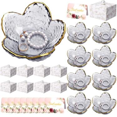 Imagem de Quelay Conjunto de 8 anéis de flores, bandeja de joias com caixa e cartão, pequena bandeja de bugiganga de vidro para anéis, brincos, joias, decoração de quarto, presentes para mulheres, mãe, esposa