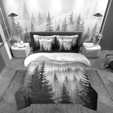 Imagem de Erosebridal Conjunto de edredom Queen preto e cinza, 7 peças, com lençol esfumaçado, montanha, floresta rústica, pinheiros, para crianças, meninos, adultos, homens, paisagem, natureza