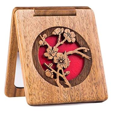 Imagem de WYUYIWH Espelho de maquiagem espelho de maquiagem feminino, espelho de maquiagem portátil, espelho de dupla face estilo retrô, espelho dobrável fofo doméstico, espelho pequeno portátil marrom