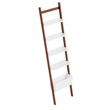 Imagem de Estante Escada Sambalelê Prime Branca em MDF e Madeira Maciça – 1,66m – Acabamento Laqueado com Anti-Tombamento (Mel/Branco)