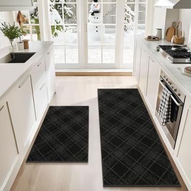 Imagem de COSY HOMEER Conjuntos de tapetes e tapetes de cozinha, 2 peças, tapetes de cozinha macios antiderrapantes para piso absorvente e resistente a manchas, tapetes xadrez laváveis para cozinha, 61 cm x 91