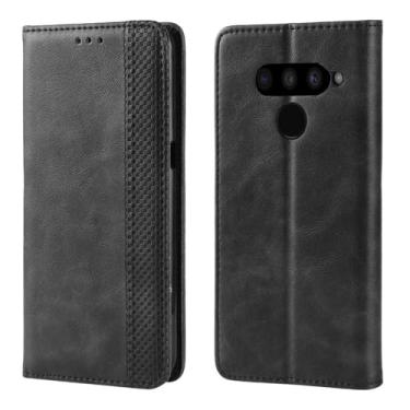 Imagem de Capa para LG V50 THINQ,Retro Flip magnético,Caso de telefone de couro PU,Design de carteira com 3 slots de cartão e 1 clipe de dinheiro -Black